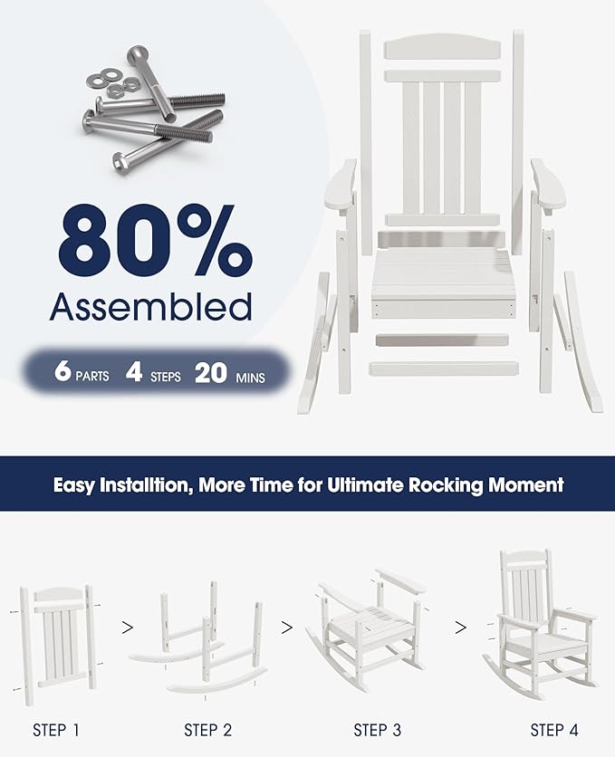 KINGYES HDPE Rocking Chairs Outdoor, Patio Rocking Chairs with 330lbs Support, Smooth Porch Rocker for Deck Lawn Yard, White