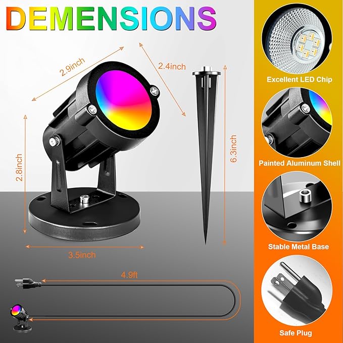 RGBW 8W LED Spotlight with Remote, 16 Color Changing Landscape Lighting for Outdoor Indoor, 120V Plug-in & 6FT Cord, Spotlight Flag Light for Garden Tree (4)
