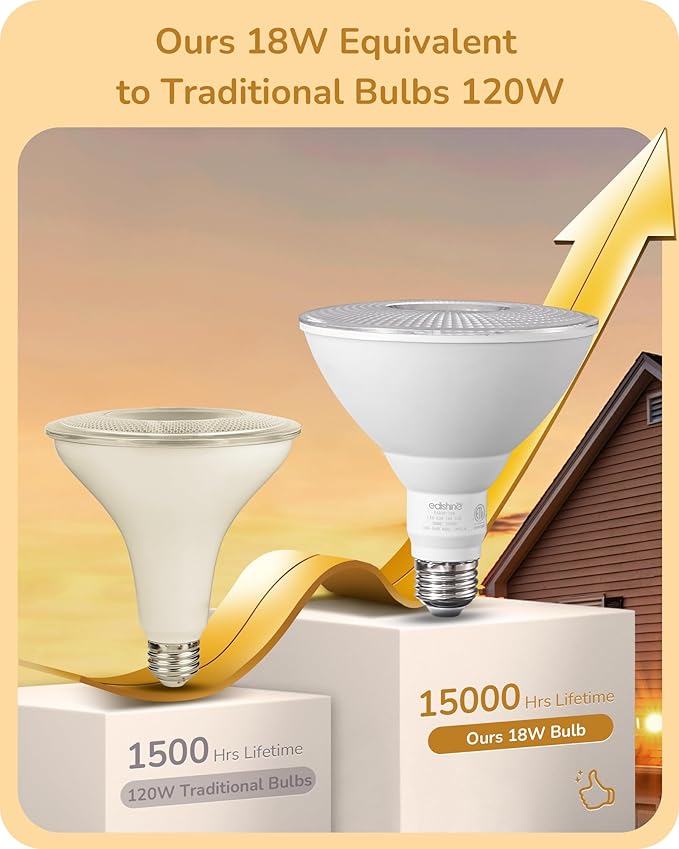 EDISHINE Flood Light Bulbs, PAR38 LED Outdoor Flood Light Bulbs, 120W Equivalent Dimmable Waterproof for Patio Yard Porch Driveway Garage, 3000K Warm Light 18W 1800LM E26 Base, 4 Pack, ETL Listed