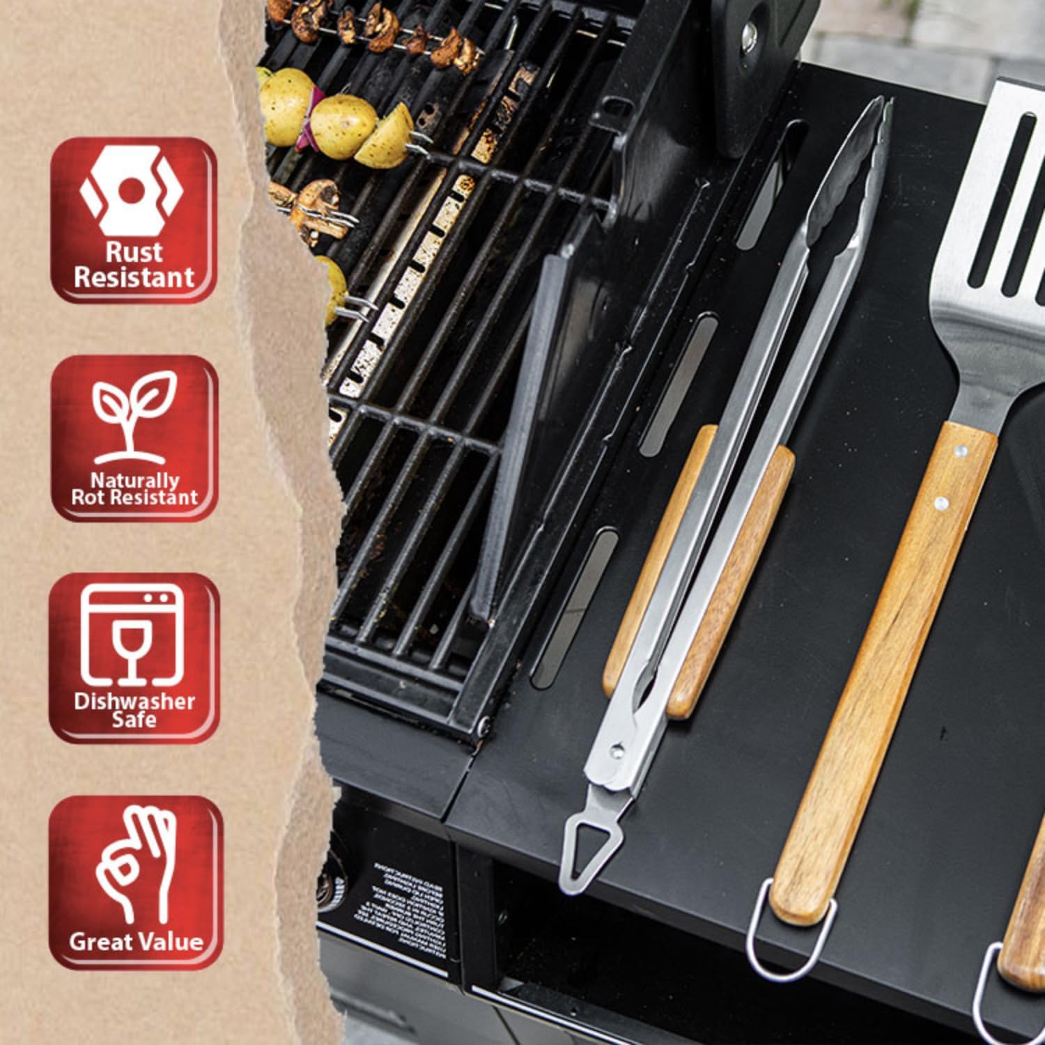 Pro BBQ Tongs for Grill - 17" Professional Grade Barbecue Tongs for Cooking- Solid & Sturdy - Built with 304 Grade Stainless Steel and Acacia Wood - Heavy Duty Built to Last Kitchen essential.