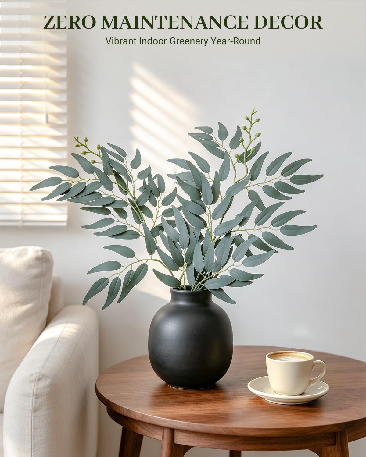 artificial italian ruscus greenery 21" long stems, gray on a desk or shelf