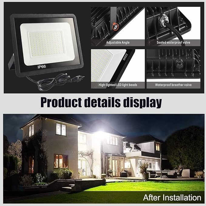 4Pack LED Flood Light Outdoor,250W LED Work Light 25500lmwith 6FT US Plug,IP66 Waterproof Exterior Security Lights,6000K Daylight White Outside Floodlights Slim Design for Playground Yard