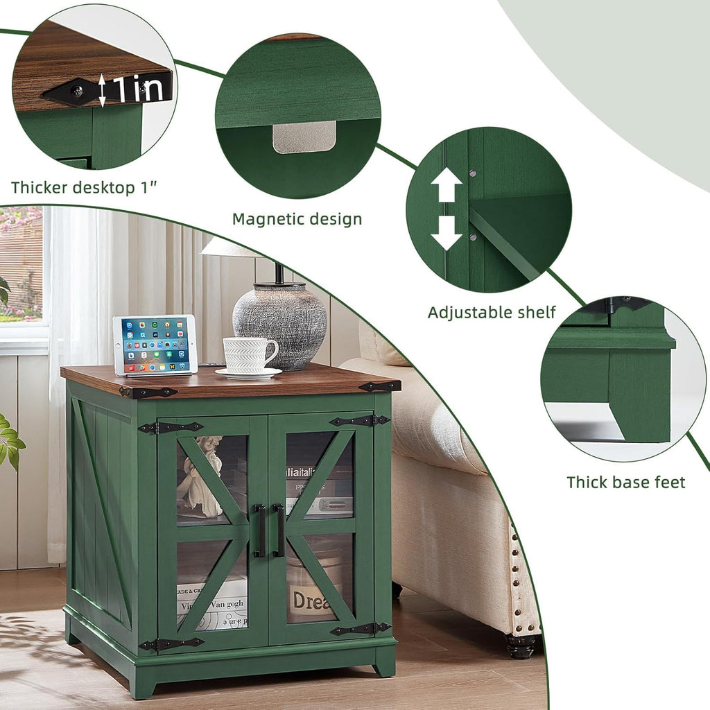 Joaxswe Farmhouse End Table with Charging Station Set 2, 24" Large Sofa Side Table with Glass Barn Door, Nightstand with Adjustable Storage Shelf, Wood Square Bedside Table for Living Room, Bedroom