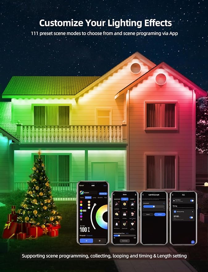 APPECK Permanent Outdoor Lights 100ft with 72 LEDs, DIY Scene Modes, Smart RGBW String Lights Waterproof, App/Remote Control for Christmas, Holiday, Alexa/Google Assistant Compatible, Black