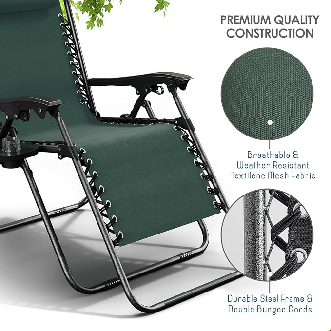 Nestl Zero Gravity Chairs Set of 2, Patio Lounge Chair Outdoor with Pillows & Cup Holder Trays, Adjustable Steel Mesh Reclining Camping Chair, Folding Patio Lawn Chair for Deck, Beach - Forest Green