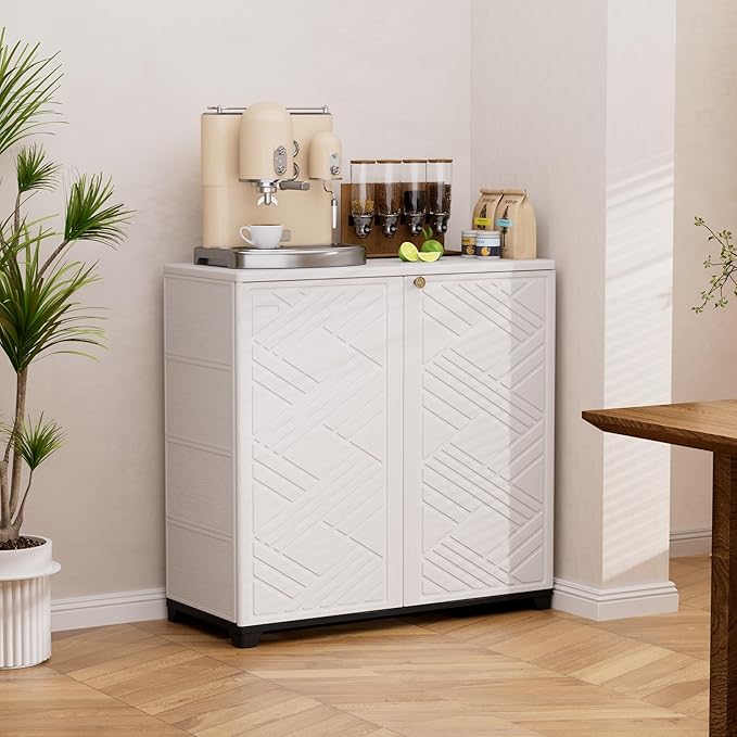 Outdoor/Indoor Storage Box,Resin and Plastic Storage Cabinet Waterproof,Outdoor Cabinet for Patio/Garden/Balcony/Backyard/All Room(with 3 Shelves)-White