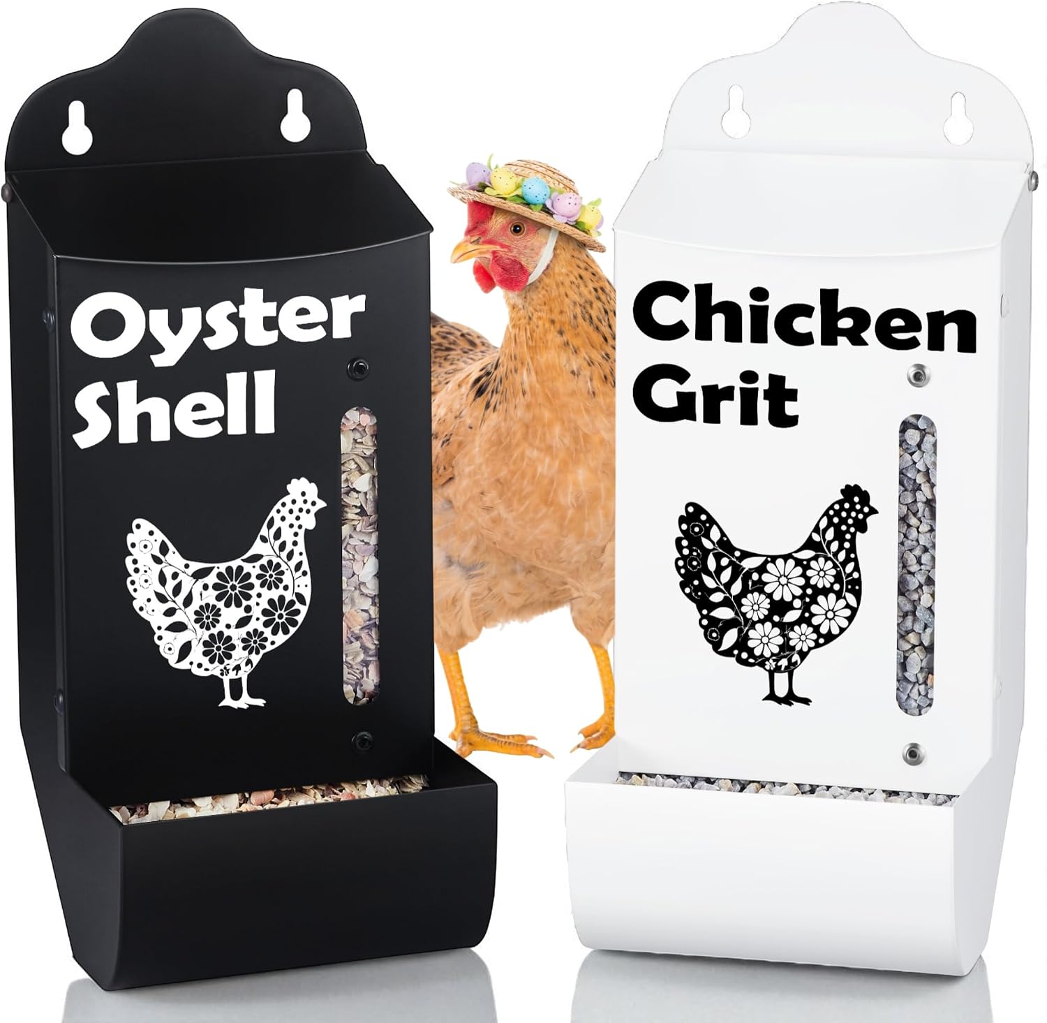 CluckRoots Chicken Grit and Oyster Shell Feeder Combo, No-Spill Metal | Lift-Off Heavy-Duty Dispenser w/ Rain Lid View Window, Small Flocks Capacity, Chicken Coop Accessories Gifts for Lovers