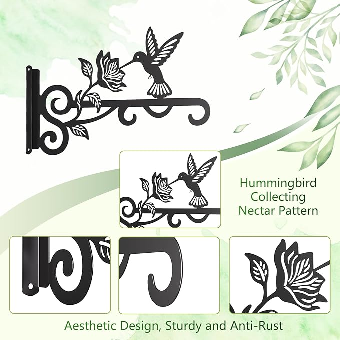 4-Pack Aesthetic Plant Hangers Outdoor – 10 Inch Metal Hanging Plant Bracket with Beautiful Hummingbird Pattern – Anti Rust Plant Hooks for Hanging Plants, Bird Feeder, Windchime, Lantern