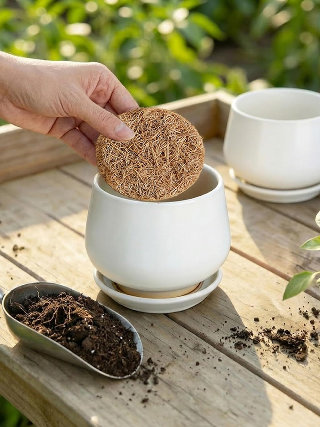 LE TAUCI Coconut Coir Drainage Mesh Pads for Flower Pots, Pre-Cut 2 Inch Pot Hole Covers to Prevent Soil Loss, Natural Coir Fiber Liners for Indoor & Outdoor Planters, 10 Pack