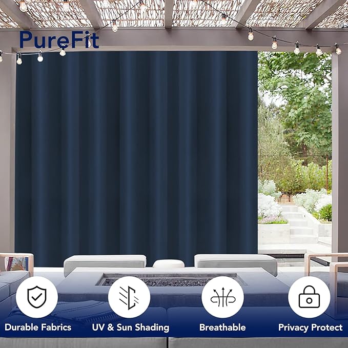PureFit Outdoor Curtains for Patio Waterproof Weatherproof, UV Resistant Outside Curtains for Gazebo, Front Porch, Pergola, Sun Blocking Privacy Curtain, 120W x 108L inch, 1 Panel, Navy Blue