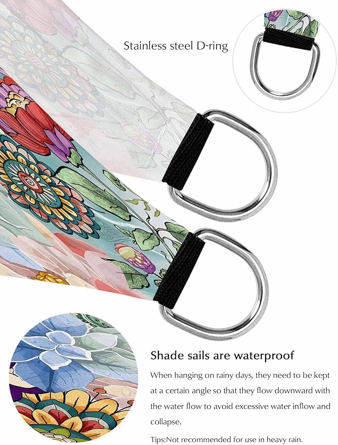 Sun Shade Sail 8'x10' Boho Floral Rectangle Sun Shade Sails Canopy Waterproof Mandala Flowers Plant Outdoor Sunshades Sand UV Block Cover Shade Cloth for Patio Backyard Garden Deck Porch Lawn