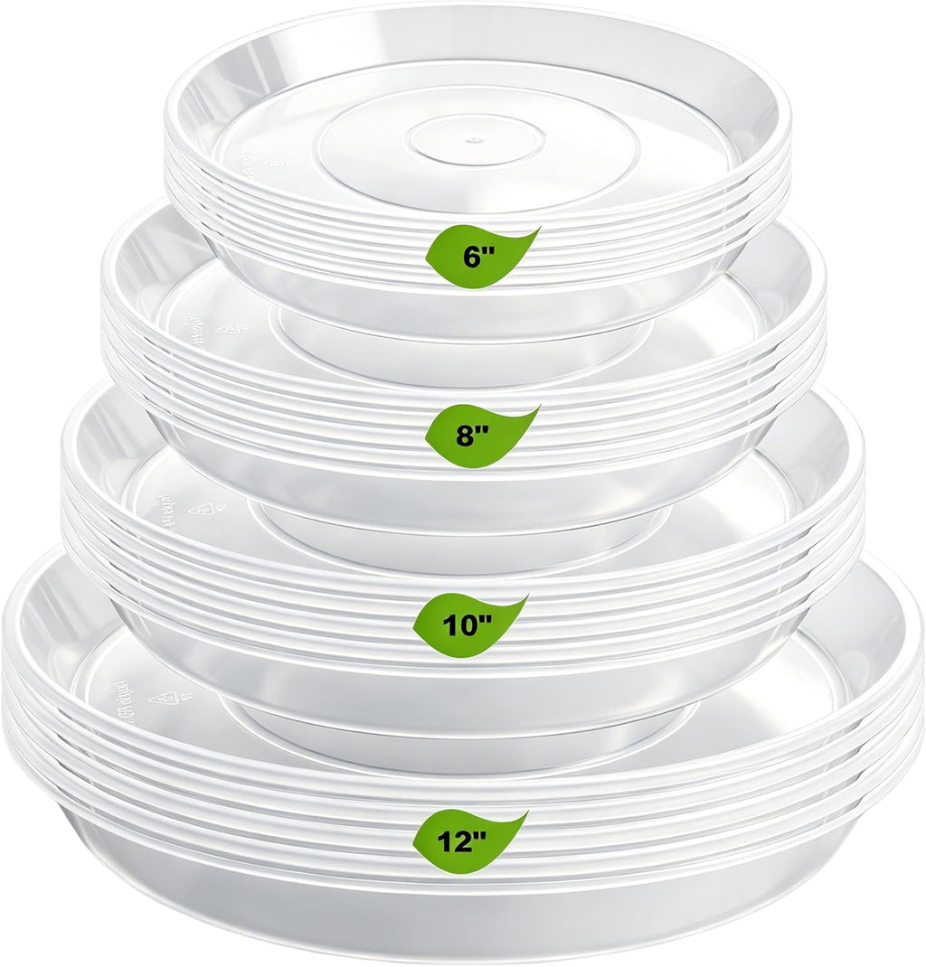 LWALRS 20 Pack Plant Saucer Tray (6 8 10 12 inch), Plant Saucers for Indoors Outdoor, Plastic Heavy Duty Drainage Drip Water Trays for Planter Pots Flower, Clear Pot Saucers Trays for Plants
