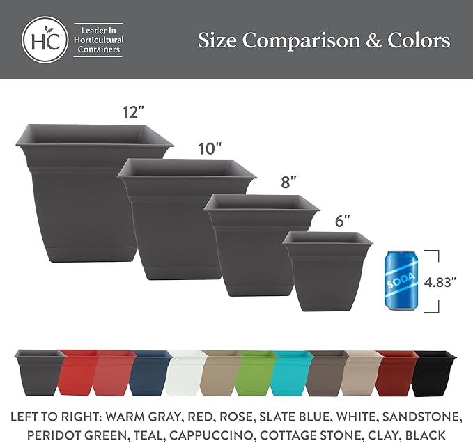 The HC Companies 6 Inch Eclipse Square Planter Pots with Drainage Holes & Attached Saucer, Lightweight UV-Resistant Plastic Indoor Outdoor Planters, 4-Pack Flower Pots for Garden Home Decor, Sandstone