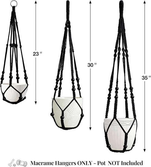3 Pack Macrame Plant Hanger Indoor 3 Different Sizes Hanging Planter Basket Flower Pot Holder with Wood Beads & No Tassels for Boho Home Decor, 23, 30, 35 Inch, Black (Pot Not Included)