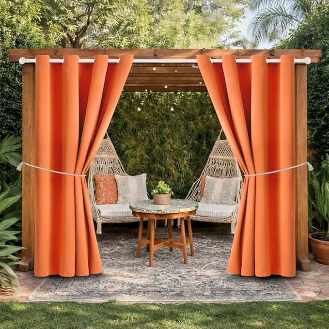 DIVA EN CAMINO DEC Outdoor Patio Curtain Waterproof Darkening Thermal Insulated Indoor Curtains for Bedroom, Porch, Living Room, Pergola, Cabana, W52 x L95, Orange, Set of 2 Panels