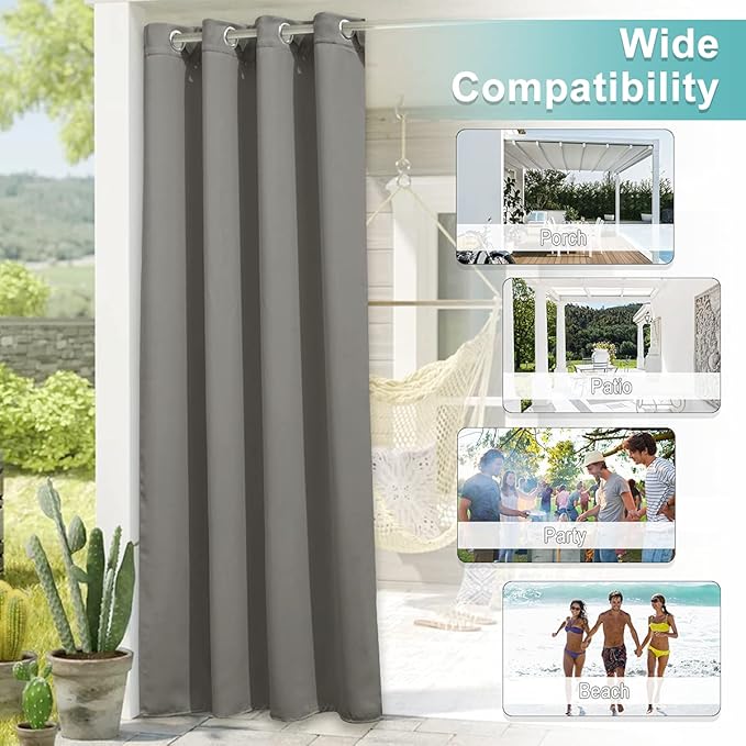 NICETOWN Patio Outdoor Curtain Waterproof, Thermal Insulated Stainless Steel Rustproof Grommet Blackout Indoor Outdoor Curtain/Drape for Party/Cottage, Slate Grey, 1 Panel, W52 by L84