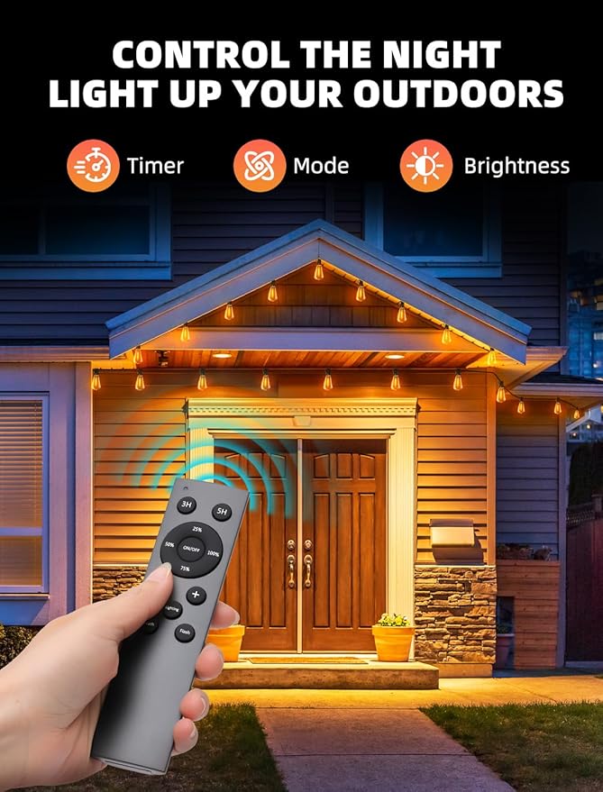 Outdoor Patio String Lights: 150Ft 45M Outside Waterproof Light - Remote Dimmable ST38 Shatterproof Bulb Connectable Hanging Outdoor Electric Lighting - Backyard Yard Gazebo Porch Party