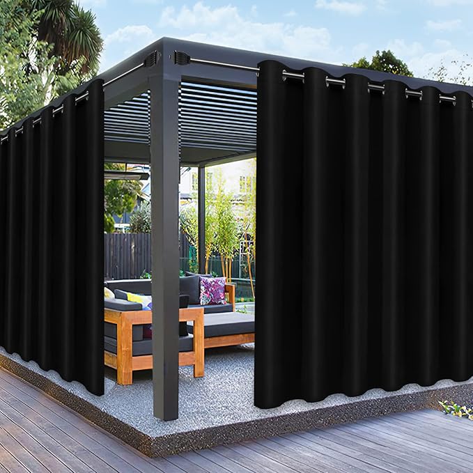 PureFit Outdoor Curtains for Patio Waterproof Weatherproof, UV Resistant Outside Curtains for Gazebo, Front Porch, Pergola, Sun Blocking Privacy Curtain, 100W x 95L inch, 1 Panel, Black