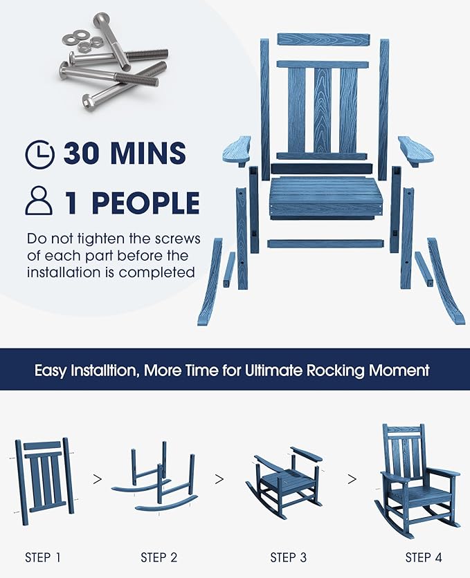 KINGYES Oversized Outdoor Rocking Chair Set of 6, All-Weather Patio Rocking Chairs for Porch, HDPE Outdoor Patio Rockers with High Back & Wide Seat for Garden, Lawn, Blue