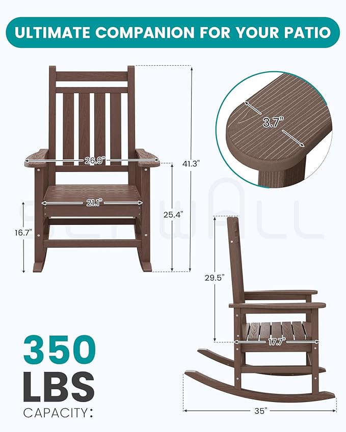 SERWALL HDPE Outdoor Rocking Chair Set of 6, Patio Rocking Chairs for Adults, All Weather Outdoor Rockers for Lawn, Brown