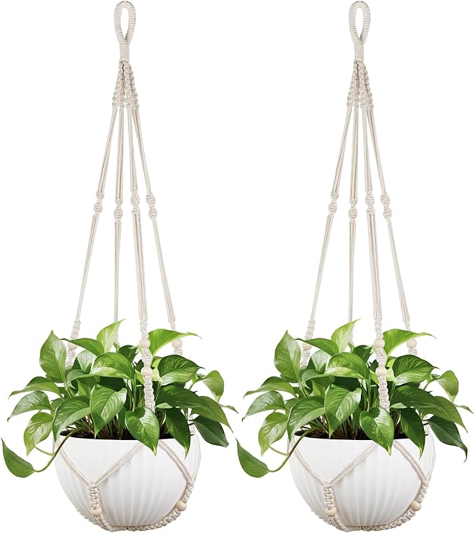 Mkono 43 Inch Macrame Plant Hanger Large for up to 12 Inch Pot Extra Long Hanging Plant Holder No Tassels Hanging Planter Basket with Wood Beads for Indoor Outdoor Boho Home Decor, Ivory, Set of 2