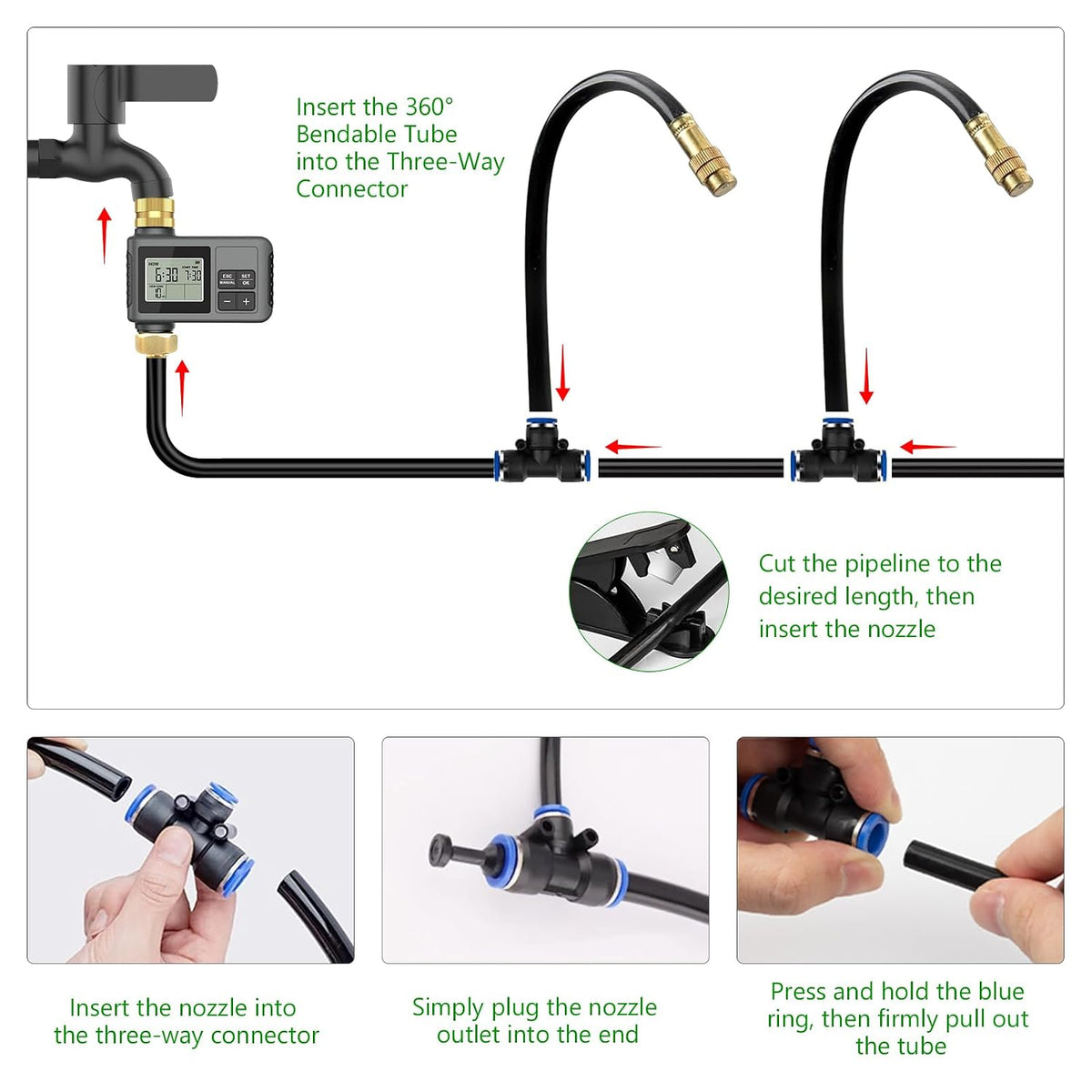 120ft drip irrigation system with smart water timer showing dimensions