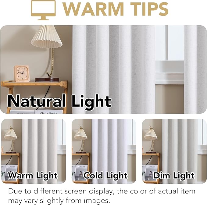 H.VERSAILTEX Linen Curtains 100% Blackout Curtains for Bedroom 54 inch Long Full Light Blocking Nature Linen Blended Window Curtains for Living Room Nickel Grommet (2 Panels, Heathered White)