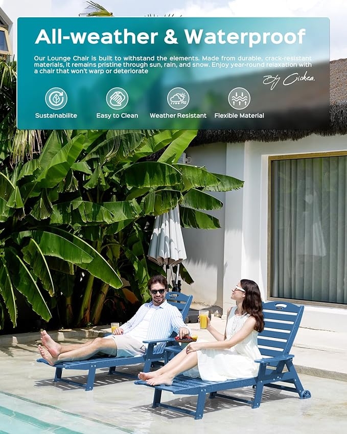 Ciokea Lounge Chair Outdoor, Oversized Chaise Lounge Chair with 5 Positions, HDPE, Patio Lounge Chair with Wheels & Cup Holder for Pool, Deck, Poolside, Azure Blue