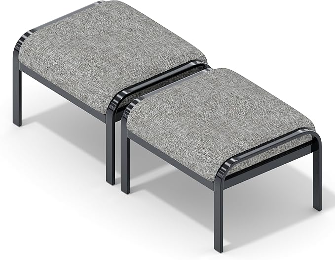 HOMREST Metal Outdoor Ottoman, 3-Piece Aluminum Footstool w/Removable Cushion, Multipurpose Footrest Stool with Coffee Side Table Additional Seating, Set of 3 Outdoor Ottomans for Patio Deck (Grey)