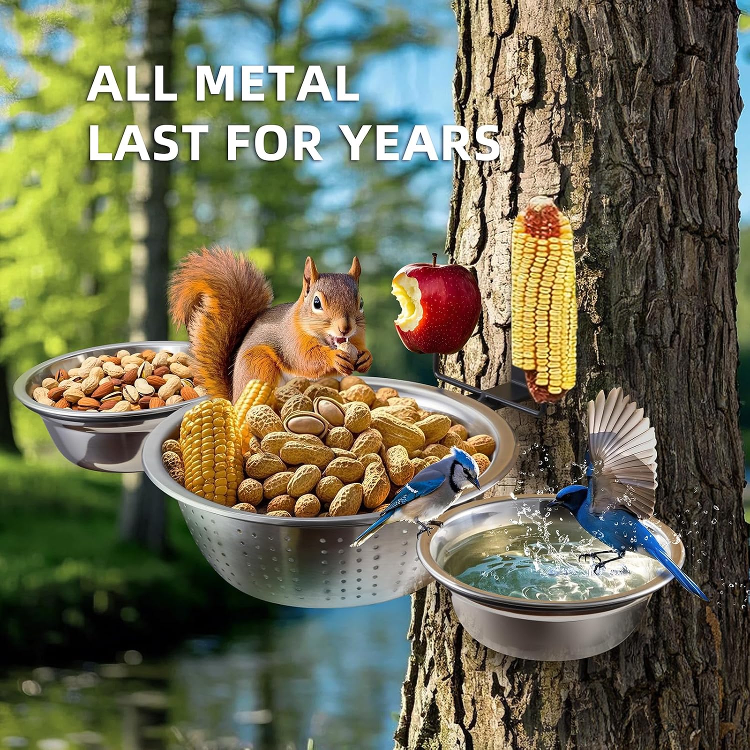 3-Hoop Squirrel/Bird Feeder, 2025 Cute Metal Bowl Outside Tree Mounted,1 x 8.5in Drainage Bowl+2 Corn Cob Spikes for Dry Food,2 x 5in Solid Bowls for Wet Food/Water, Perfect Squirrel Feeders for Yard