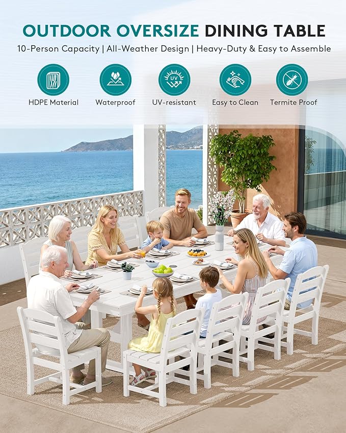 SERWALL 11 Piece Outdoor Dining Set, 84" HDPE Outdoor Table and Chairs for 10，All Weather Patio Furniture Set with Umbrella Hole for Backyard, Garden, White