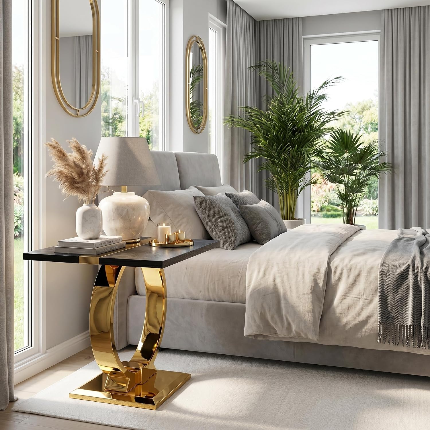 Asday 23” Black and Gold End Table, Modern Square Wood Side Table with Polihsed Metal U-Base for Living Room Bedroom Office, Small Places, Apartment