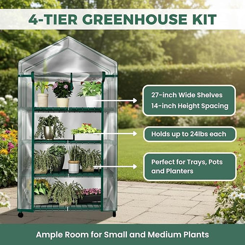 4 Tier Mini Greenhouse - Portable Greenhouse with Locking Wheels and PVC Cover for Indoor or Outdoor - 27 x 19 x 63-Inch Green House by Pure Garden