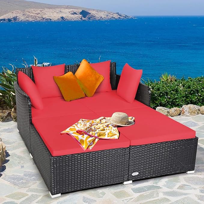 COSTWAY Outdoor Patio Rattan Daybed, Sponge Cushioned Loveseat Sofa with 4 Pillows, Wicker Furniture Sunbed for Balcony, Courtyard (Red)
