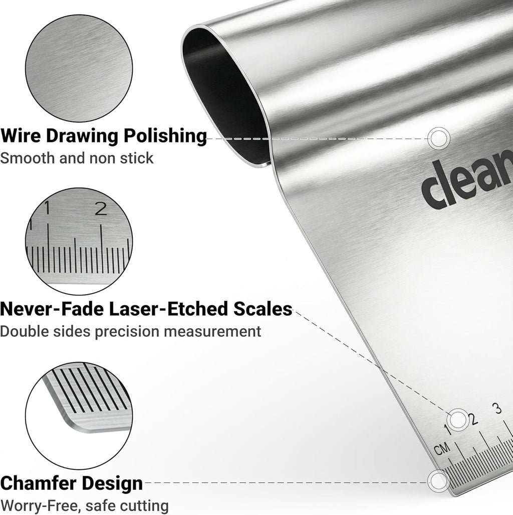 Bench Scraper Kitchen & Dough Scraper Tool - Stainless Steel Multi-Purpose Scraper & Chopper with Laser-Etched Metric Scale - Heavy Duty Pastry Cutter & Griddle Tool for Bread, Pizza & Baking