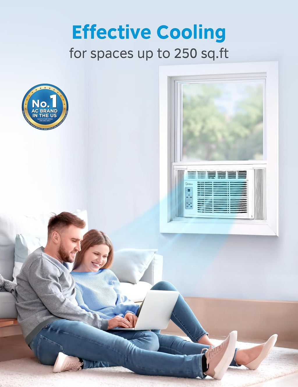 midea 6,000 btu window air conditioner, 3-in-1 cool/fan/dehumidifier, close-up detail