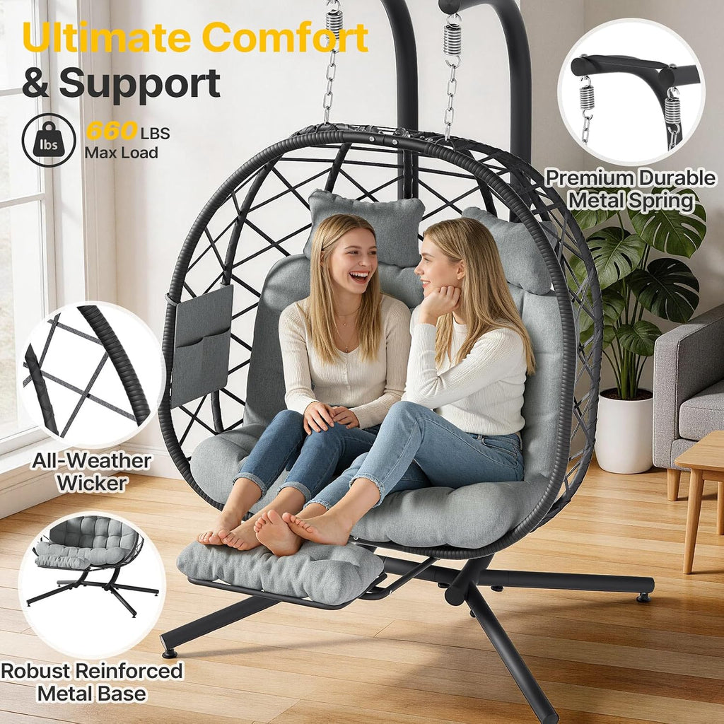 Suteck Double Hanging Egg Chair with Adjustable Footrest & Stand, Grey | Indoor Outdoor 2 Person Hanging Wicker Hammock Swing Chairs, With Cushion, 660lbs Capacity, For Patio, Bedroom, Lawn, Garden