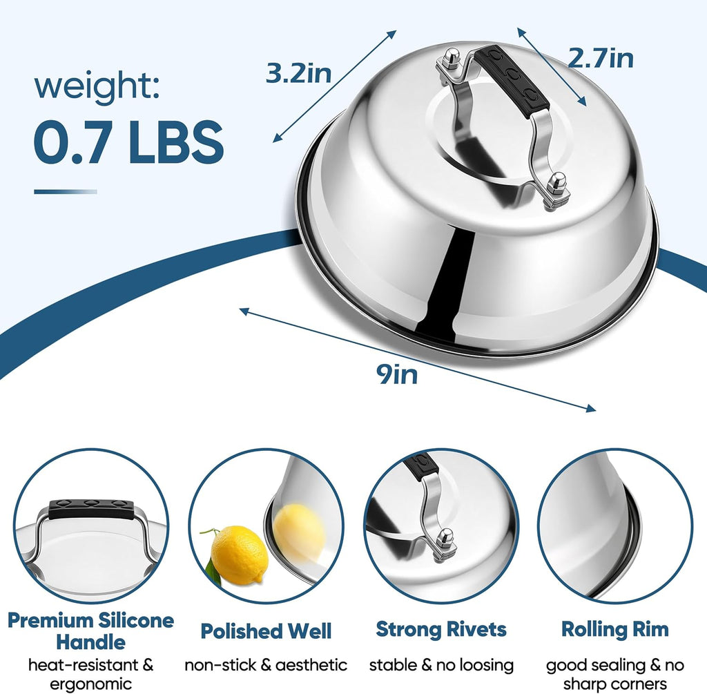 HaSteeL Basting Cover & Burger Press for Outdoor Grilling Steaming | 9In Stainless Steel Melting Dome & 6In Grill Press, Professional Griddle Lid Kit for Flat Top Teppanyaki Cooking