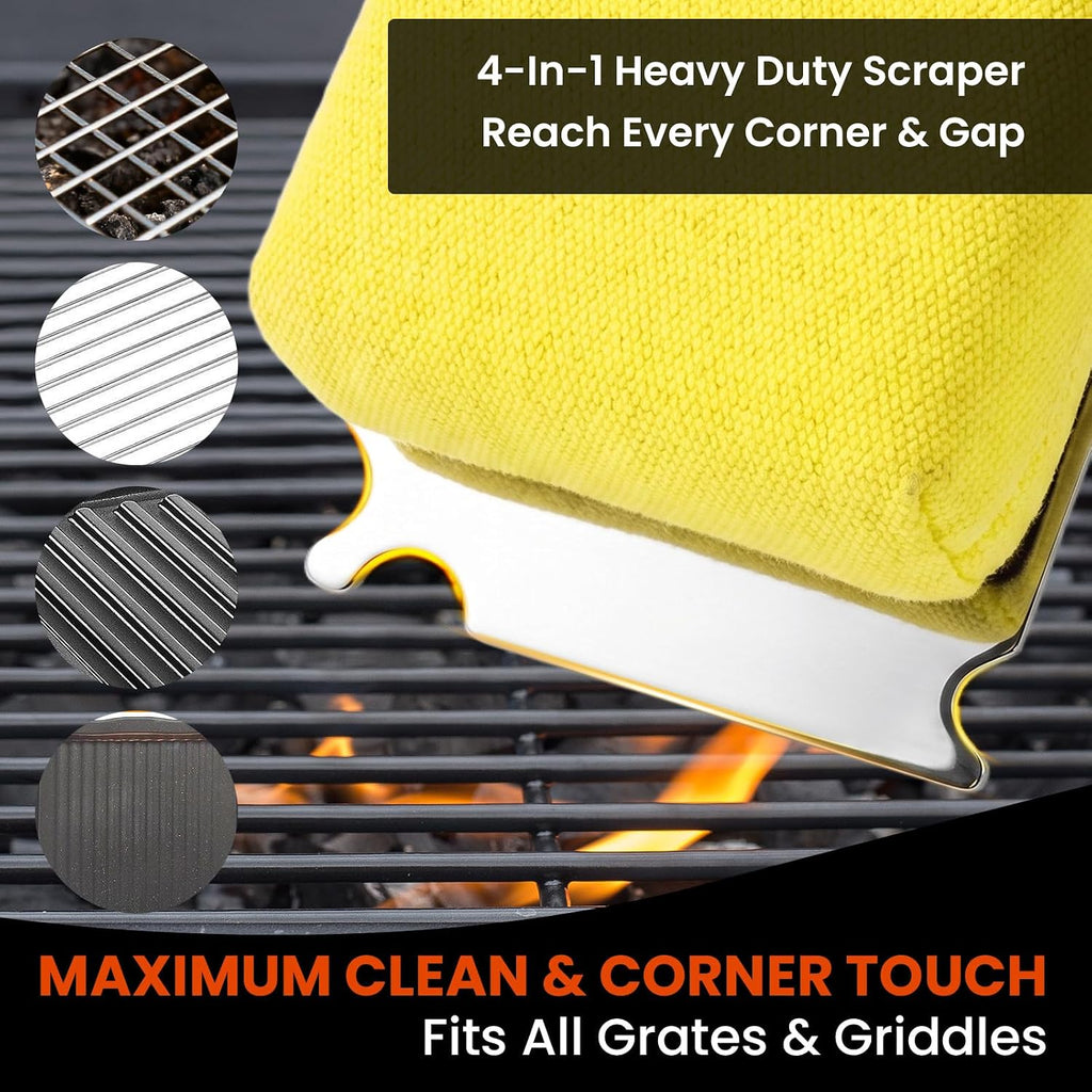 Grill Brush for Outdoor Grill, Bristle Free Grill Brush with Scraper | Safe Steam Grill Cleaner for BBQ&Griddle, Long Rosewood Handle Reaches Corners,for Porcelain,Cast Iron&Stainless Steel Grates