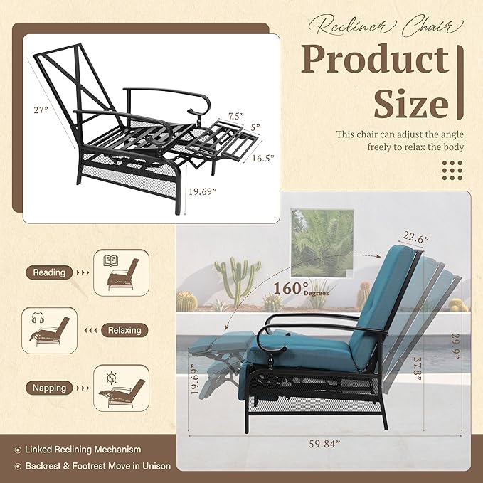 Oakcloud Adjustable Outdoor Lounge Chair Metal Patio Relaxing Recliner Chair Set with Bistro Table and Removable Cushions(Peacock Blue)