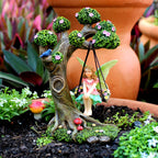 Fairies for Fairy Garden - 4 Piece Set with Tree Swing | Hand-painted resin; includes a puppy; indoor and outdoor use; miniature village ornaments and decor