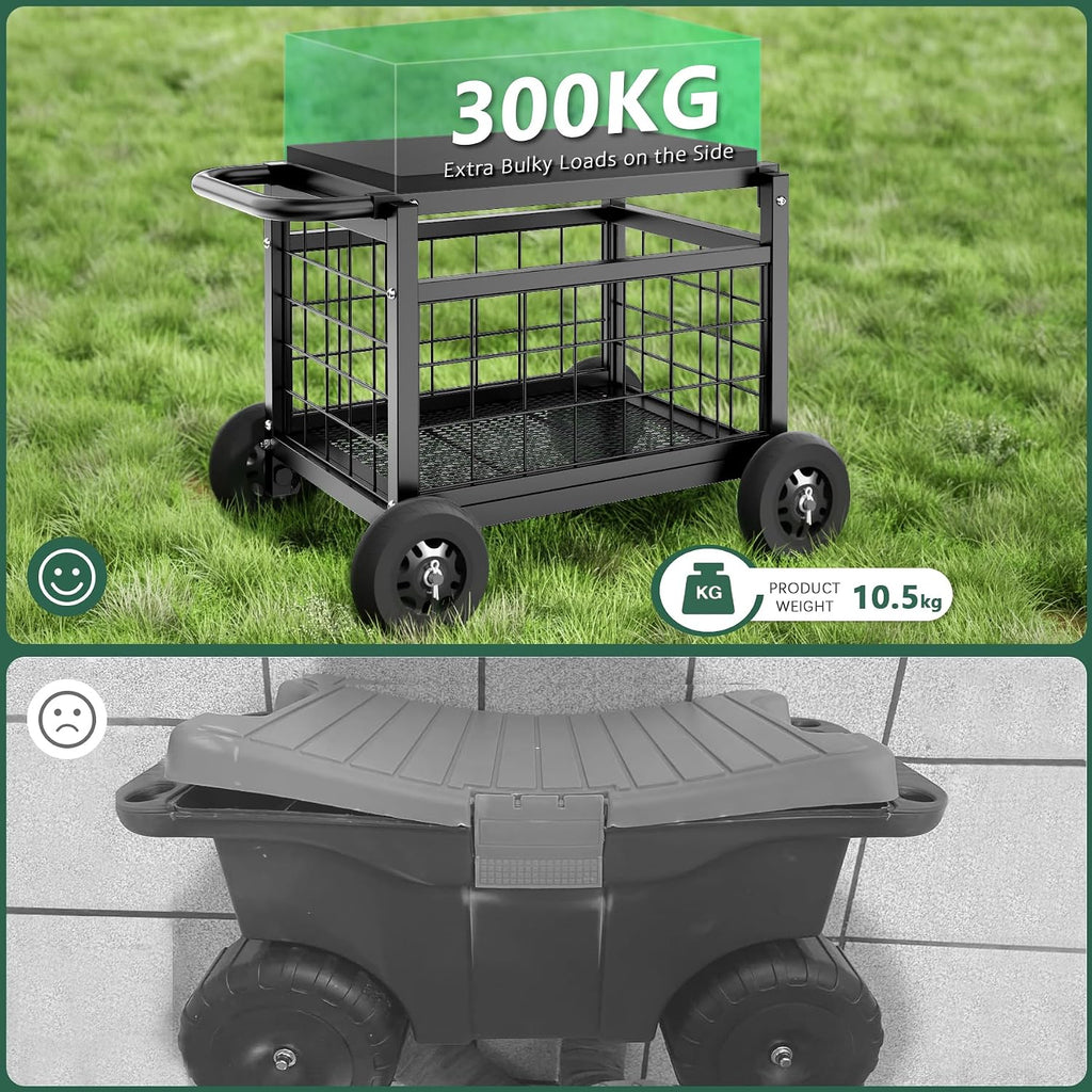 garden cart with seat,3-in-1 rolling seat with wheels, side view