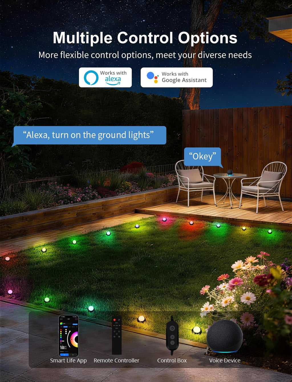 Outdoor Ground Lights 15 Pack, 32FT RGBCW Pathway Lights Wired | Color Changing Landscape Lights, 2200-6500K CCT, IP65 Waterproof, for Path Garden Lawn, Holiday/Party Decor, Alexa Compatible
