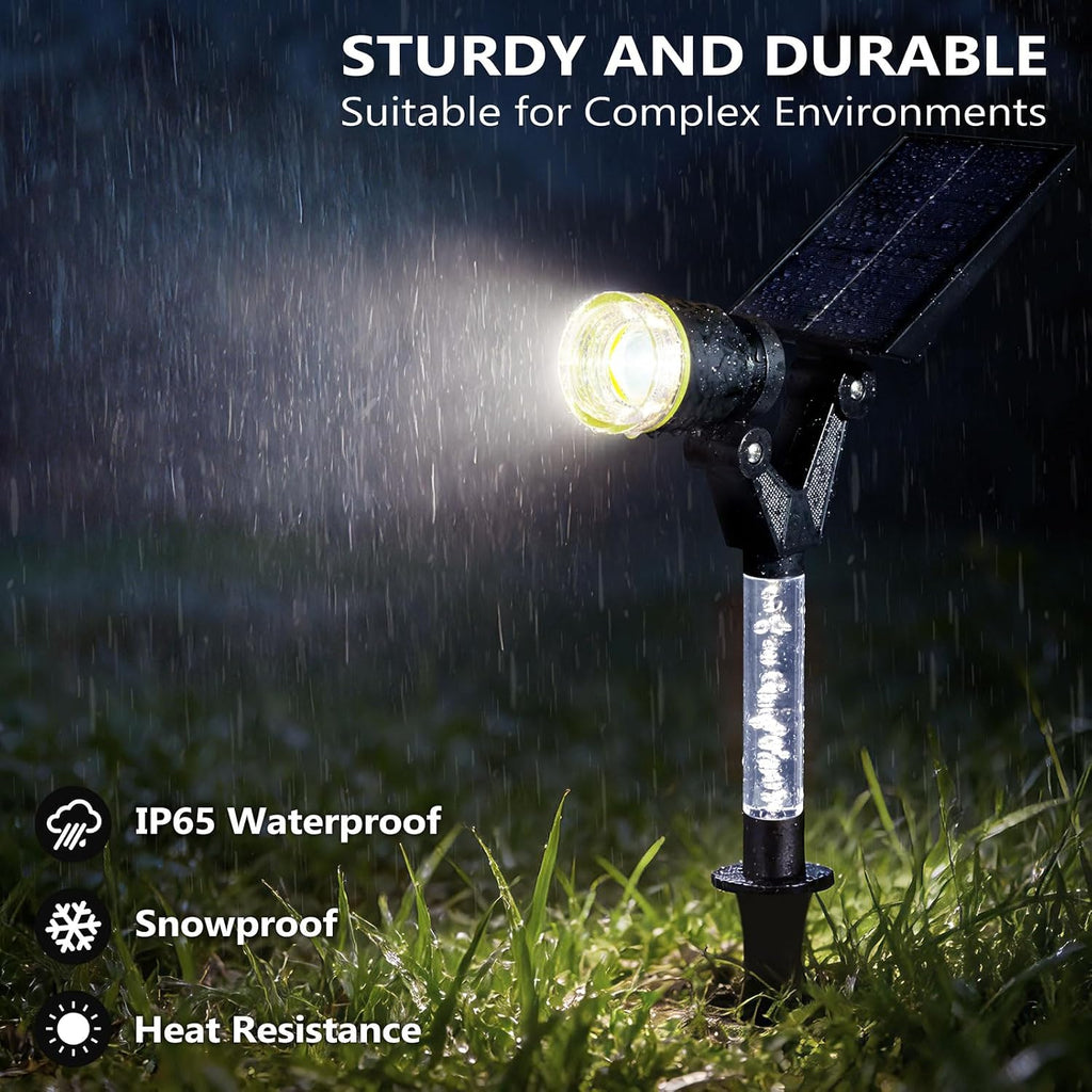 DenicMic Solar Spot Lights Outdoor Waterproof White Lens LED 4 Pack | Adjustable Angle Long Range Solar Lights Outdoor for Yard Garden Patio Wall Tree Landscape Spotlights, Acrylic Lighted Pole