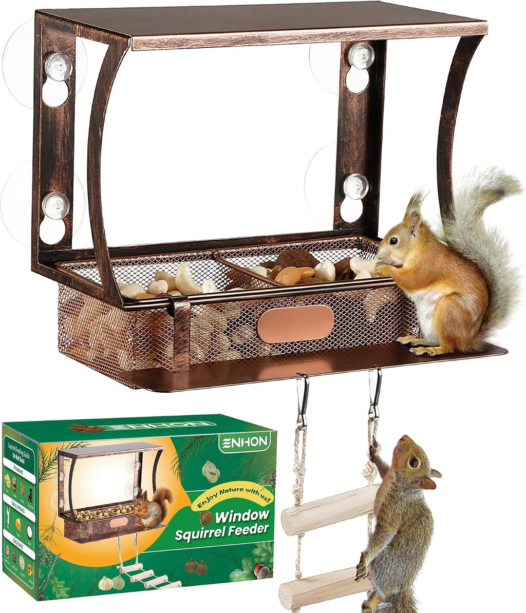 Window Squirrel Feeder, Metal, Strong Suction Cups & Ladders | Squirrel Feeders for Outside Winter, Safe Funny Chipmunk Feeder, Feeding Shelter for Squirrels for Corn Peanuts