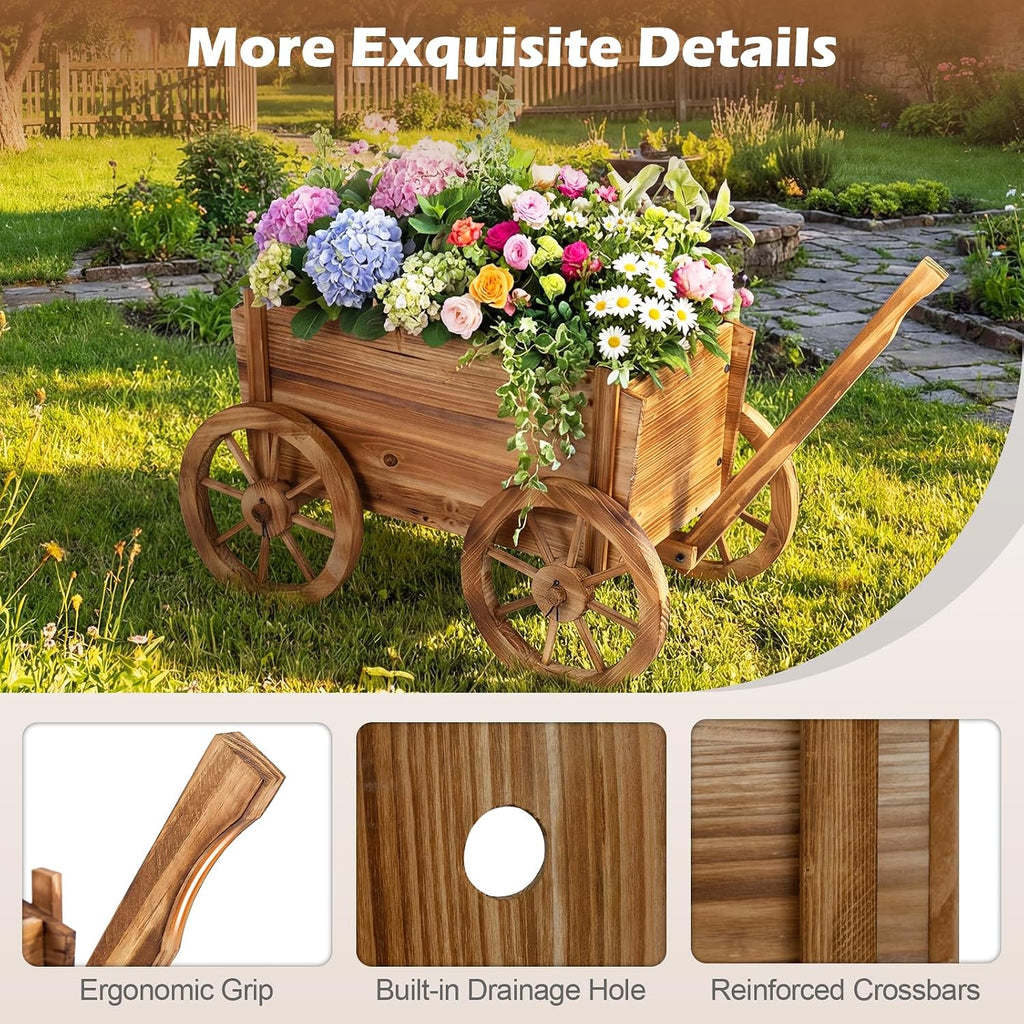 giantex wood wagon planter, rustic rolling flower pot showing dimensions