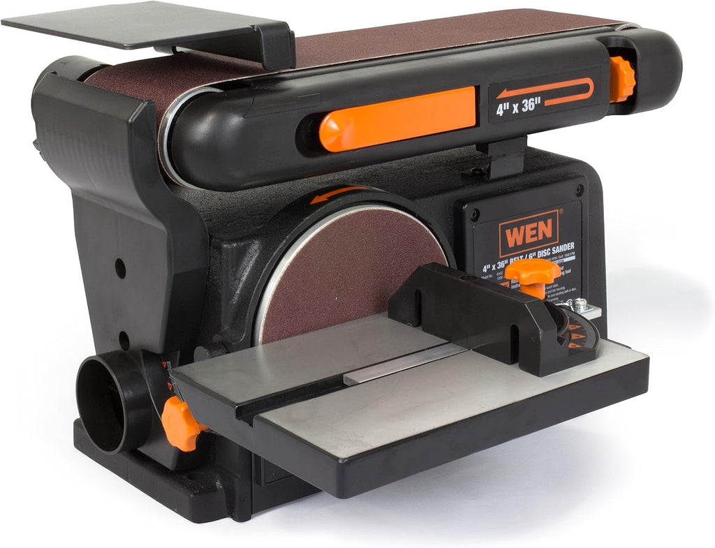 wen benchtop belt and disc sander with 4 shown in use
