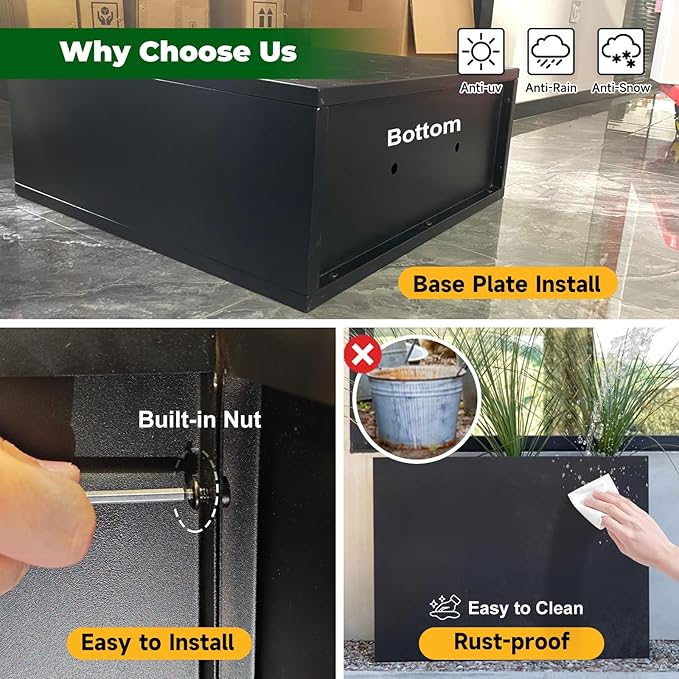Galvanized Steel Metallic Heavy Planter for Outdoor Plants 24" x 12" x 24" Metal Rectangular Outdoor Planter Box Spliced Flower Box with Partitions for Outside,Indoor,Garden (Black, 24*12*24)