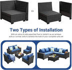 Jing's Villa 8-Piece Patio Furniture Set, All-Weather Outdoor Wicker Sectional Sofa with Cushions, Glass Table & Left and Right Armrest, Rattan Conversation Seating for Porch, Garden, Backyard,Navy