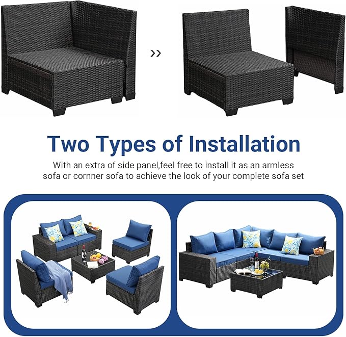 Jing's Villa 6-Piece Patio Furniture Set, All-Weather Outdoor Wicker Sectional Sofa with Cushions, Glass Table & Left and Right Armrest, Rattan Conversation Seating for Porch, Garden, Backyard,Navy